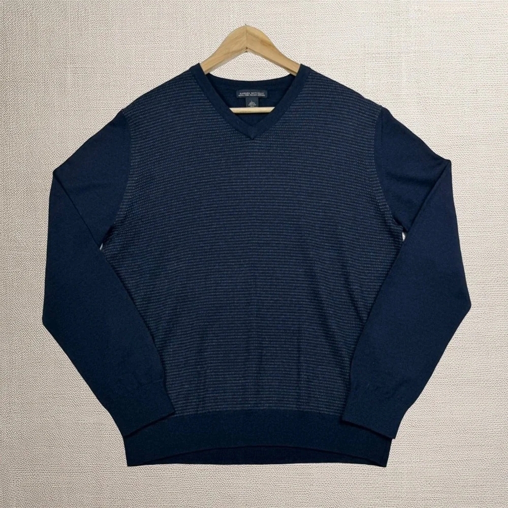 Banana Republic Mens Blue Extra Fine Italian Merino Wool V-Neck Sweater Large